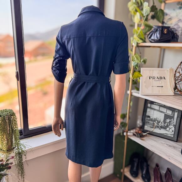 Sharagano Women's Navy Blue w/ Gold Accents Belted Collared Shirt Dress, Size: 4 - Picture 6 of 10